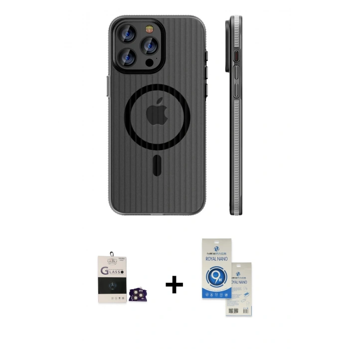 MARSİLYAN™- iPhone 14 Pro Max Kılıf Pusula Minimal Koleksiyonu - Şeffaf Royal Nano Ekran Koruyucu + Bilvis Titan Kamera Lens - GD