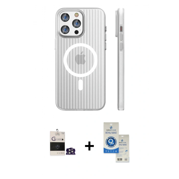 MARSİLYAN™- iPhone 14 Pro Max Kılıf Pusula Minimal Koleksiyonu - Şeffaf Royal Nano Ekran Koruyucu + Bilvis Titan Kamera Lens - GS