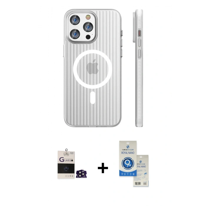 MARSİLYAN™- iPhone 14 Pro Max Kılıf Pusula Minimal Koleksiyonu - Şeffaf Royal Nano Ekran Koruyucu + Bilvis Titan Kamera Lens - DNMR