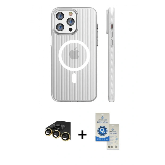 MARSİLYAN™- iPhone 14 Pro Max Kılıf Pusula Minimal Koleksiyonu - Şeffaf Royal Nano Ekran Koruyucu + Raze Metal Kamera Lens - GD