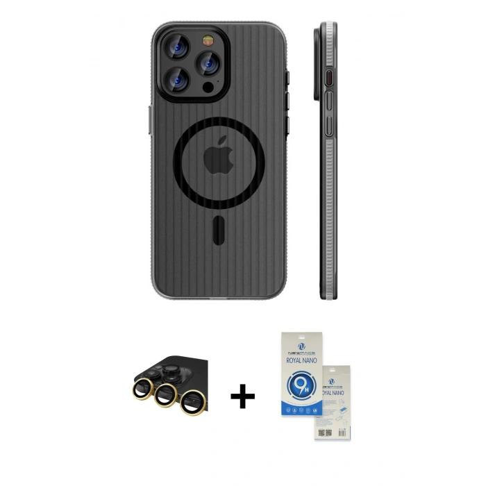 MARSİLYAN™- iPhone 14 Pro Max Kılıf Pusula Minimal Koleksiyonu - Şeffaf Royal Nano Ekran Koruyucu + Raze Metal Kamera Lens - GD