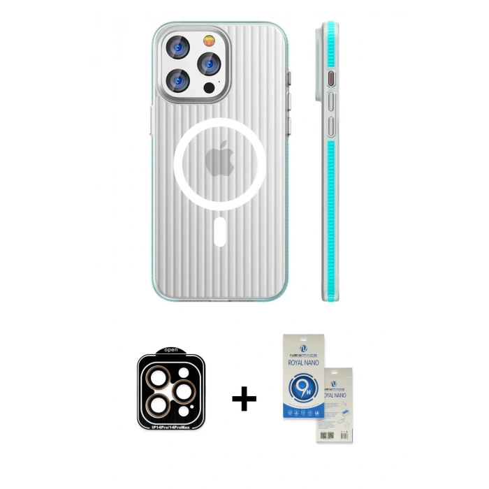 MARSİLYAN™- iPhone 14 Pro Max Kılıf Pusula Minimal Koleksiyonu - Şeffaf Royal Nano Ekran Koruyucu + PVD Metal Kamera Lens - TU