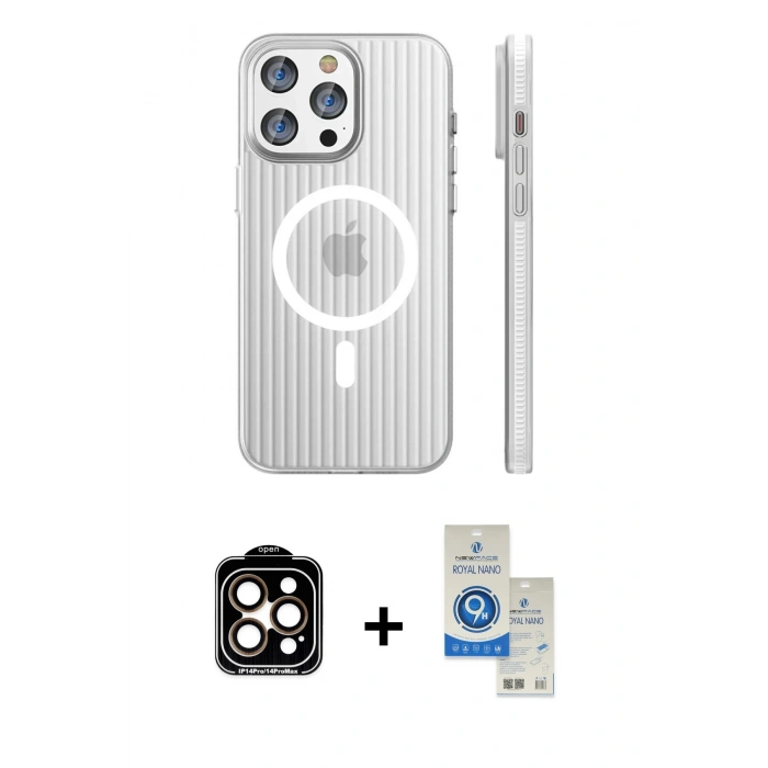 MARSİLYAN™- iPhone 14 Pro Max Kılıf Pusula Minimal Koleksiyonu - Şeffaf Royal Nano Ekran Koruyucu + PVD Metal Kamera Lens - TU