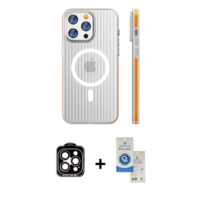 MARSİLYAN™- iPhone 14 Pro Max Kılıf Pusula Minimal Koleksiyonu - Şeffaf Royal Nano Ekran Koruyucu + PVD Metal Kamera Lens - TU