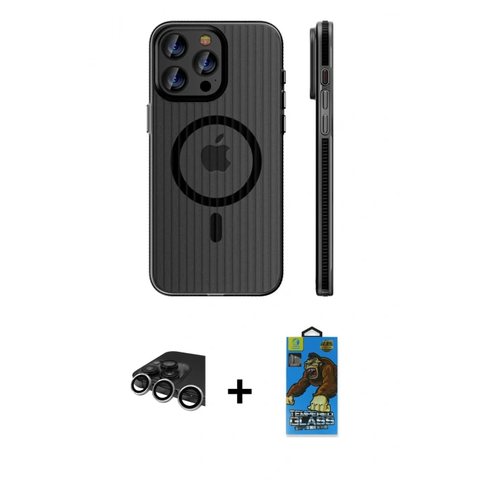 MARSİLYAN™- iPhone 14 Pro Max Kılıf Pusula Minimal Koleksiyonu - Siyah 18D Cam Ekran Koruyucu + Raze Metal Kamera Lens - GS