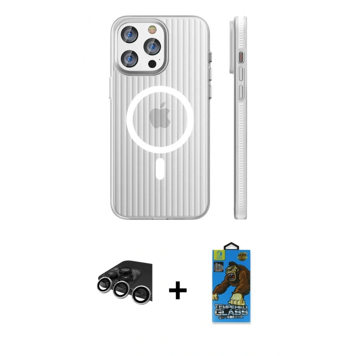 MARSİLYAN™- iPhone 14 Pro Max Kılıf Pusula Minimal Koleksiyonu - Siyah 18D Cam Ekran Koruyucu + Raze Metal Kamera Lens - GS
