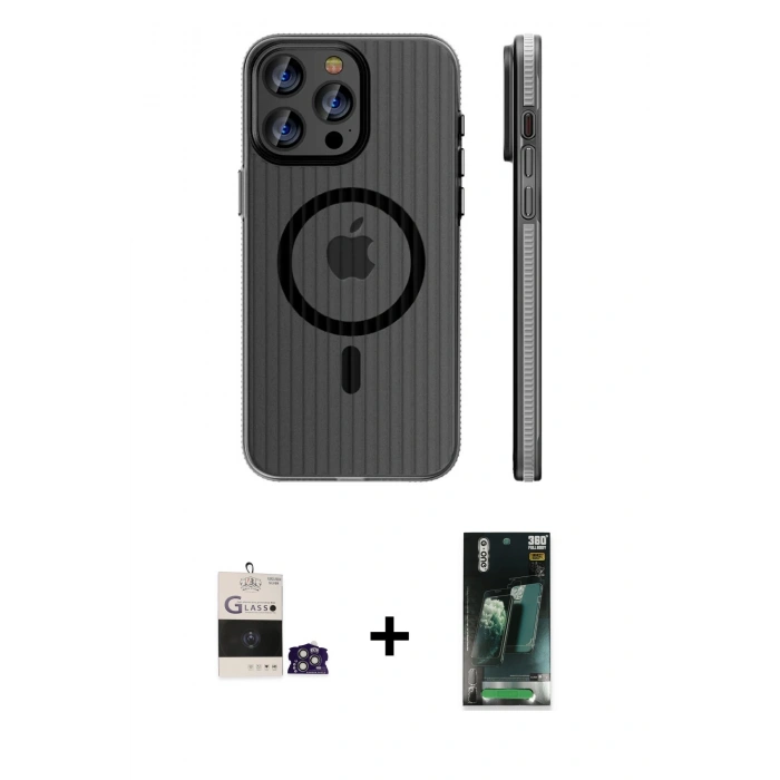 MARSİLYAN™- iPhone 14 Pro Max Kılıf Pusula Minimal Koleksiyonu - Siyah 360 Mat Full Body Arka Koruyucu + Bilvis Titan Kamera Lens - GS