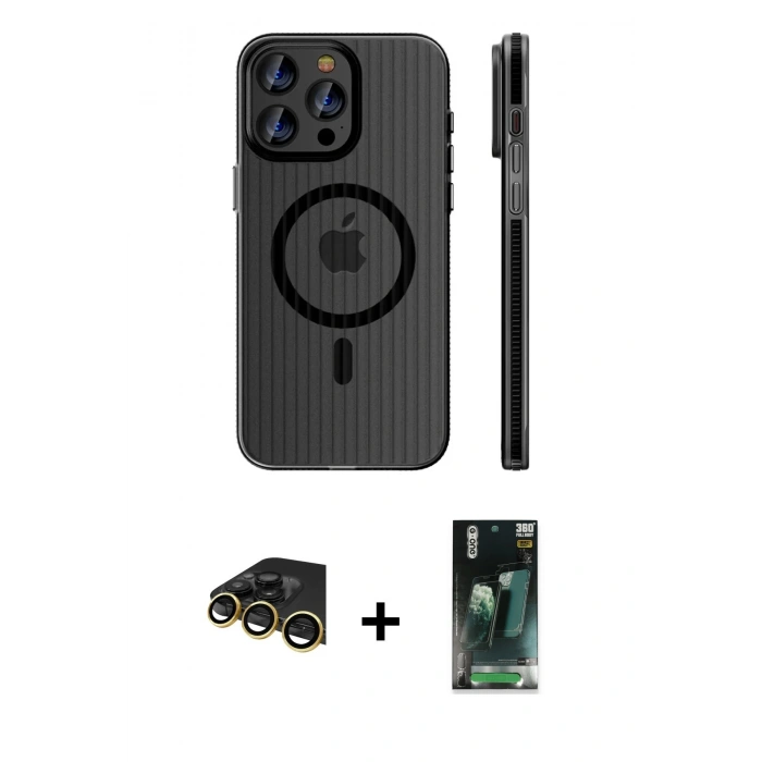 MARSİLYAN™- iPhone 14 Pro Max Kılıf Pusula Minimal Koleksiyonu - Siyah 360 Mat Full Body Arka Koruyucu + Raze Metal Kamera Lens - GD