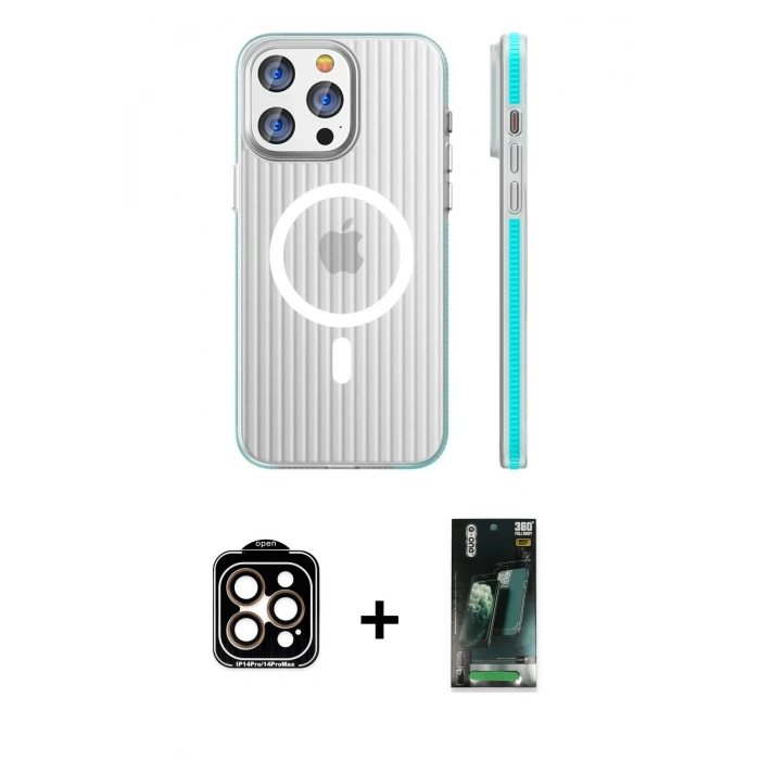 MARSİLYAN™- iPhone 14 Pro Max Kılıf Pusula Minimal Koleksiyonu - Siyah 360 Mat Full Body Arka Koruyucu + Turuncu PVD Metal Kamera Lens