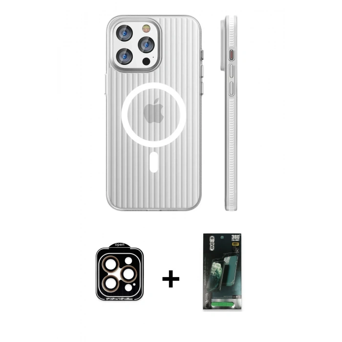 MARSİLYAN™- iPhone 14 Pro Max Kılıf Pusula Minimal Koleksiyonu - Siyah 360 Mat Full Body Arka Koruyucu + Turuncu PVD Metal Kamera Lens