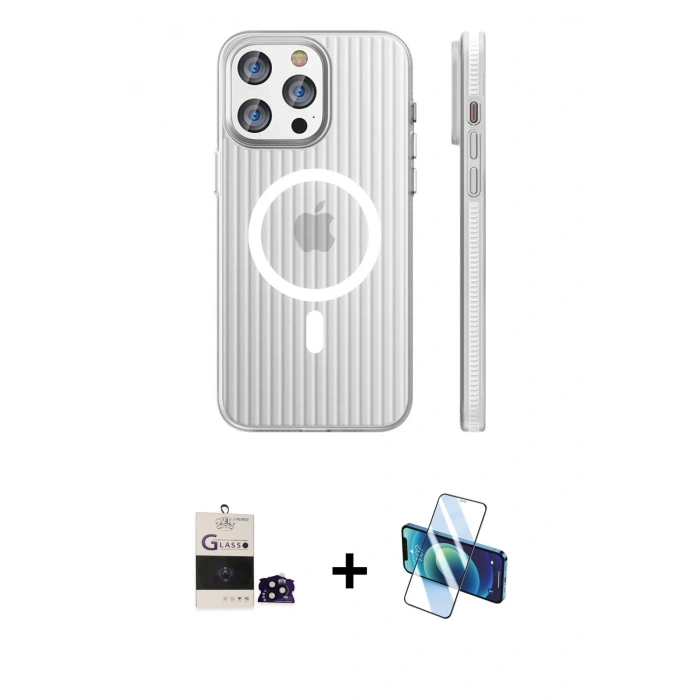 MARSİLYAN™- iPhone 14 Pro Max Kılıf Pusula Minimal Koleksiyonu - Siyah 3D Antistatik Cam Ekran Koruyucu + Bilvis Titan Kamera Lens - SH