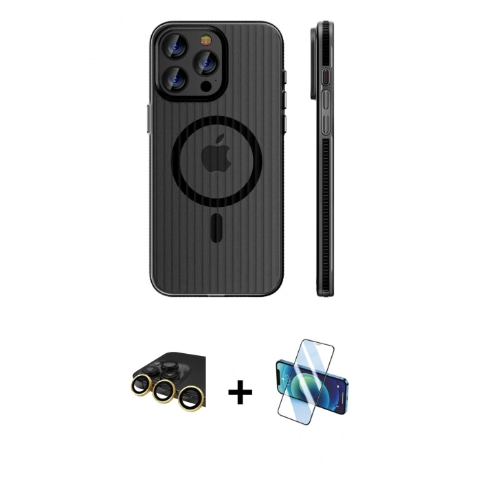MARSİLYAN™- iPhone 14 Pro Max Kılıf Pusula Minimal Koleksiyonu - Siyah 3D Antistatik Cam Ekran Koruyucu + Raze Metal Kamera Lens - GD