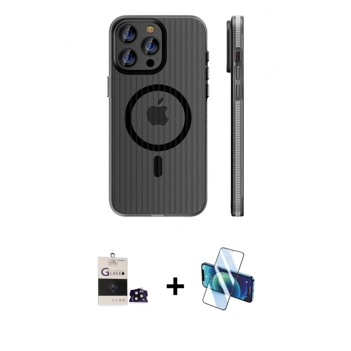 MARSİLYAN™- iPhone 14 Pro Max Kılıf Pusula Minimal Koleksiyonu - Siyah 3D Antistatik Cam Ekran Koruyucu + Bilvis Titan Kamera Lens - SH