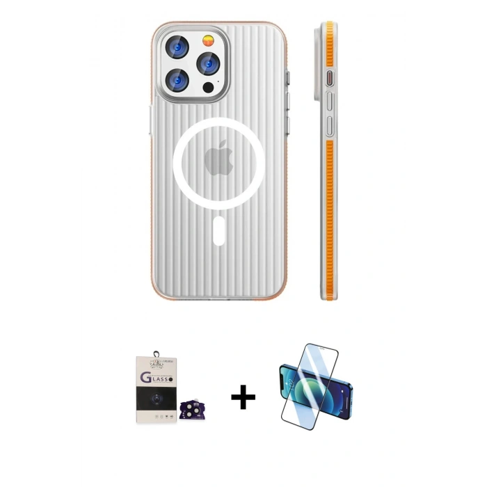 MARSİLYAN™- iPhone 14 Pro Max Kılıf Pusula Minimal Koleksiyonu - Siyah 3D Antistatik Cam Ekran Koruyucu + Bilvis Titan Kamera Lens - SH