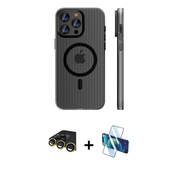 MARSİLYAN™- iPhone 14 Pro Max Kılıf Pusula Minimal Koleksiyonu - Siyah 3D Antistatik Cam Ekran Koruyucu + Raze Metal Kamera Lens - GD