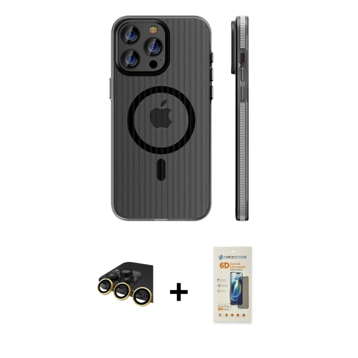 MARSİLYAN™- iPhone 14 Pro Max Kılıf Pusula Minimal Koleksiyonu - Siyah 6D Mat Seramik Hayalet Nano Ekran Koruyucu + Raze Metal Kamera Lens - GD