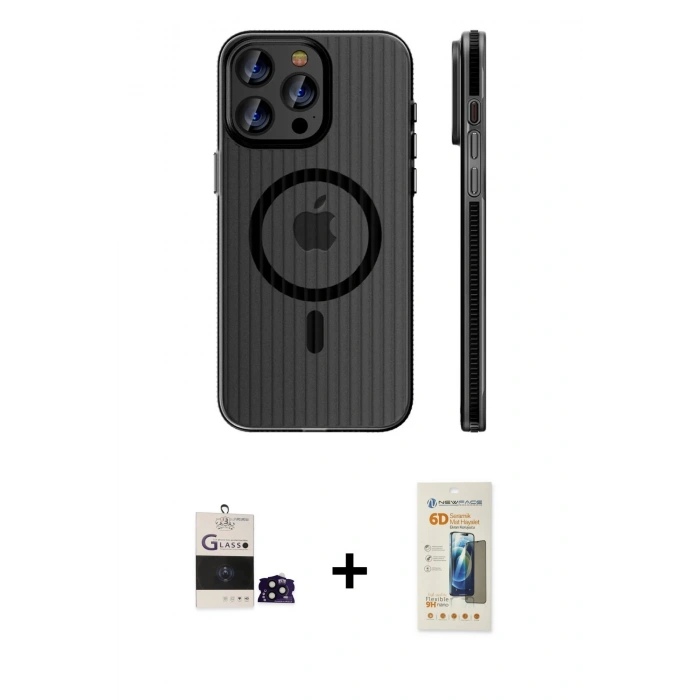 MARSİLYAN™- iPhone 14 Pro Max Kılıf Pusula Minimal Koleksiyonu - Siyah 6D Mat Seramik Hayalet Nano Ekran Koruyucu + Bilvis Titan Kamera Lens - SH