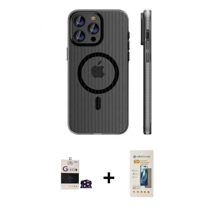 MARSİLYAN™- iPhone 14 Pro Max Kılıf Pusula Minimal Koleksiyonu - Siyah 6D Mat Seramik Hayalet Nano Ekran Koruyucu + Bilvis Titan Kamera Lens - DNMR