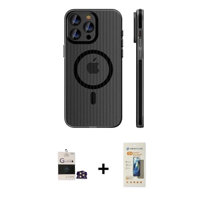 MARSİLYAN™- iPhone 14 Pro Max Kılıf Pusula Minimal Koleksiyonu - Siyah 6D Mat Seramik Hayalet Nano Ekran Koruyucu + Gold Bilvis Titan Kamera Lens