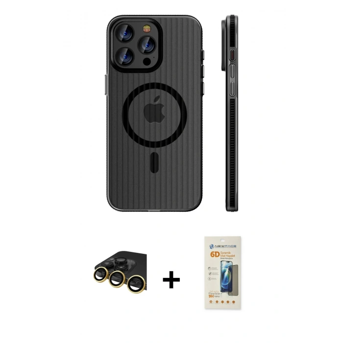 MARSİLYAN™- iPhone 14 Pro Max Kılıf Pusula Minimal Koleksiyonu - Siyah 6D Mat Seramik Hayalet Nano Ekran Koruyucu + Raze Metal Kamera Lens - GD
