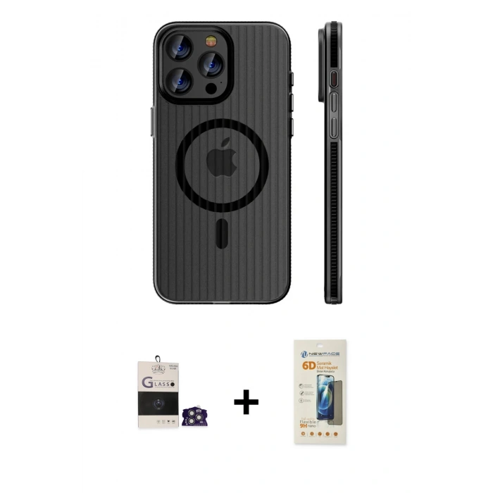 MARSİLYAN™- iPhone 14 Pro Max Kılıf Pusula Minimal Koleksiyonu - Siyah 6D Mat Seramik Hayalet Nano Ekran Koruyucu + Gümüş Bilvis Titan Kamera Lens