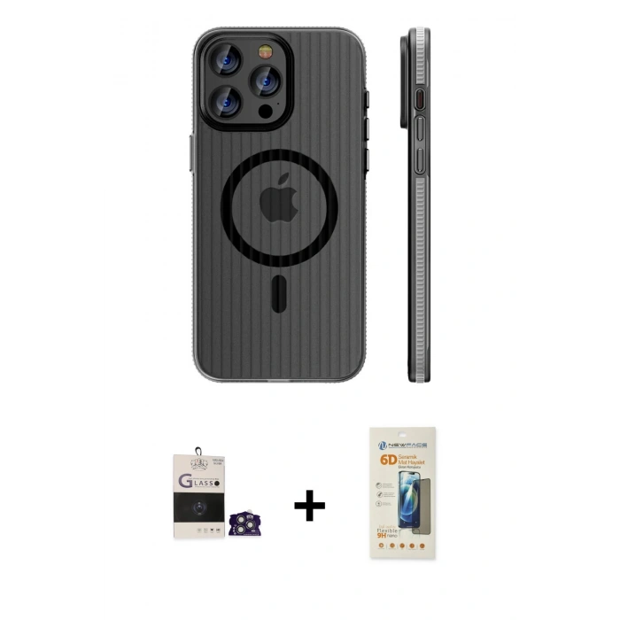 MARSİLYAN™- iPhone 14 Pro Max Kılıf Pusula Minimal Koleksiyonu - Siyah 6D Mat Seramik Hayalet Nano Ekran Koruyucu + Gümüş Bilvis Titan Kamera Lens