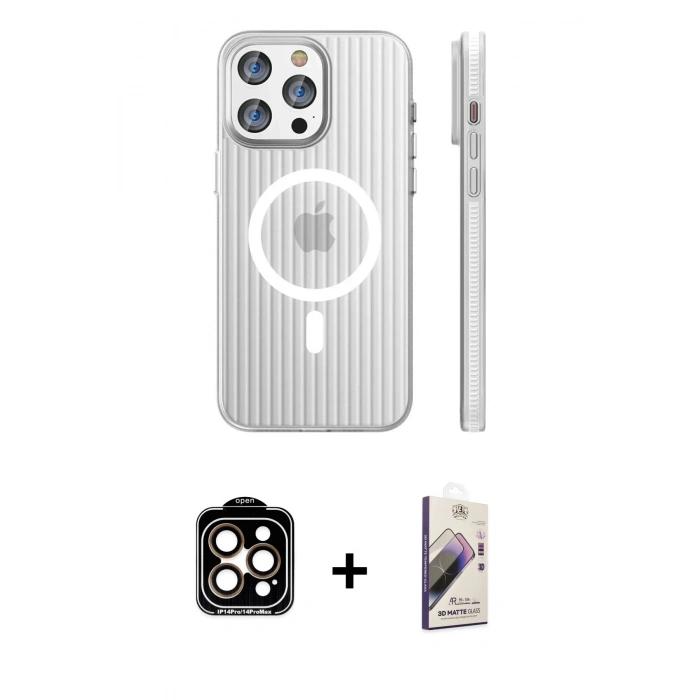 MARSİLYAN™- iPhone 14 Pro Max Kılıf Pusula Minimal Koleksiyonu - Siyah Bilvis 3D Mat Cam Ekran Koruyucu + Turuncu PVD Metal Kamera Lens