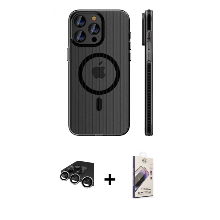 MARSİLYAN™- iPhone 14 Pro Max Kılıf Pusula Minimal Koleksiyonu - Siyah Bilvis 3D Mat Cam Ekran Koruyucu + Raze Metal Kamera Lens - GS