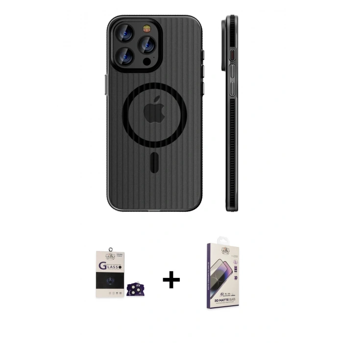 MARSİLYAN™- iPhone 14 Pro Max Kılıf Pusula Minimal Koleksiyonu - Siyah Bilvis 3D Mat Cam Ekran Koruyucu + Bilvis Titan Kamera Lens - DNMR