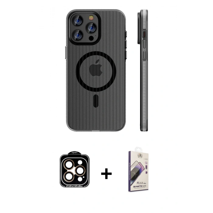 MARSİLYAN™- iPhone 14 Pro Max Kılıf Pusula Minimal Koleksiyonu - Siyah Bilvis 3D Mat Cam Ekran Koruyucu + Turuncu PVD Metal Kamera Lens