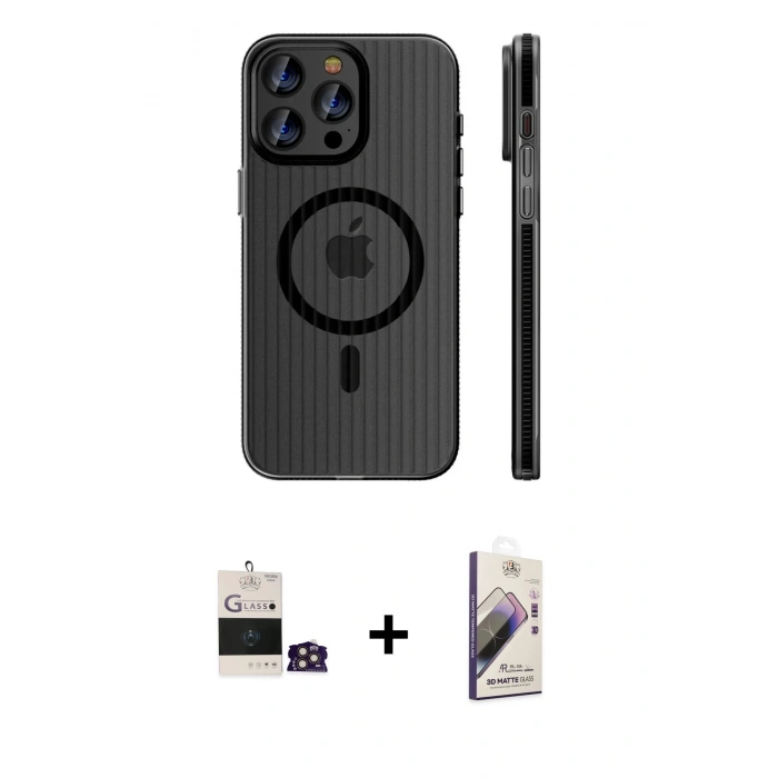 MARSİLYAN™- iPhone 14 Pro Max Kılıf Pusula Minimal Koleksiyonu - Siyah Bilvis 3D Mat Cam Ekran Koruyucu + Gold Bilvis Titan Kamera Lens