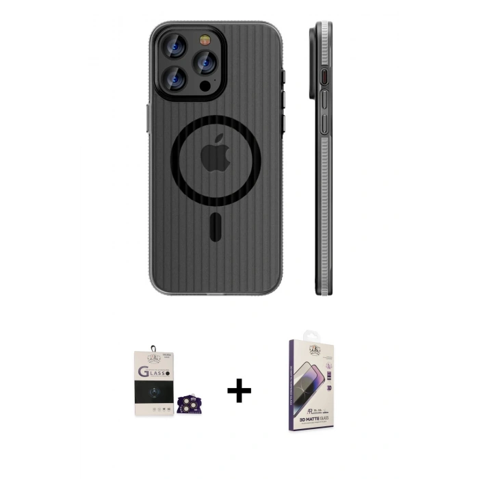 MARSİLYAN™- iPhone 14 Pro Max Kılıf Pusula Minimal Koleksiyonu - Siyah Bilvis 3D Mat Cam Ekran Koruyucu + Gold Bilvis Titan Kamera Lens