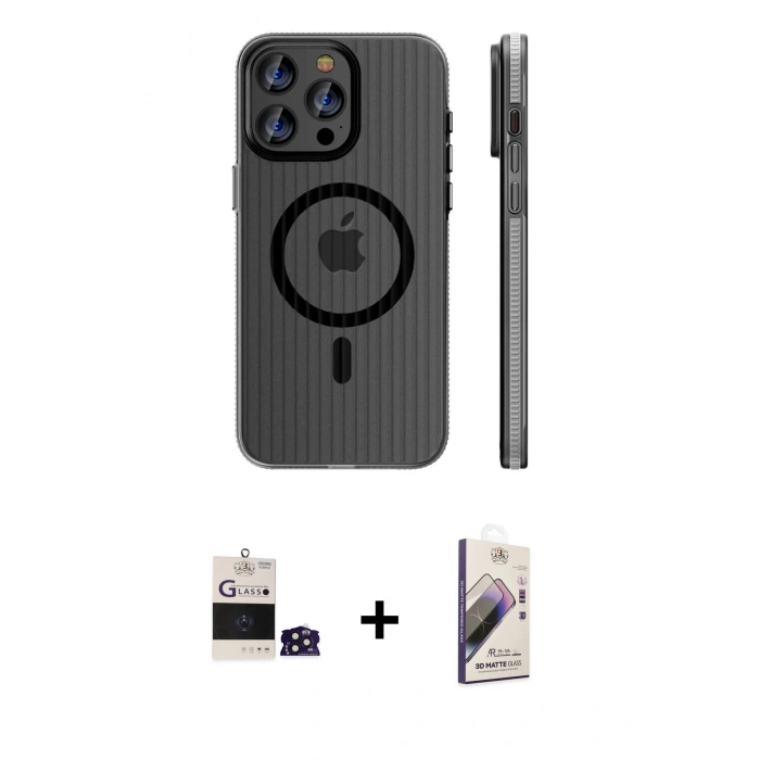 MARSİLYAN™- iPhone 14 Pro Max Kılıf Pusula Minimal Koleksiyonu - Siyah Bilvis 3D Mat Cam Ekran Koruyucu + Bilvis Titan Kamera Lens - DNMR