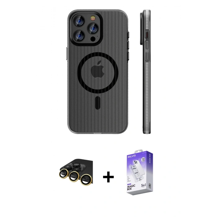 MARSİLYAN™- iPhone 14 Pro Max Kılıf Pusula Minimal Koleksiyonu - Siyah Bilvis 5in1 3D Magic Cam Ekran Koruyucu + Raze Metal Kamera Lens - GD