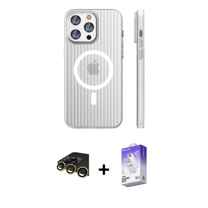 MARSİLYAN™- iPhone 14 Pro Max Kılıf Pusula Minimal Koleksiyonu - Siyah Bilvis 5in1 3D Magic Cam Ekran Koruyucu + Raze Metal Kamera Lens - GD