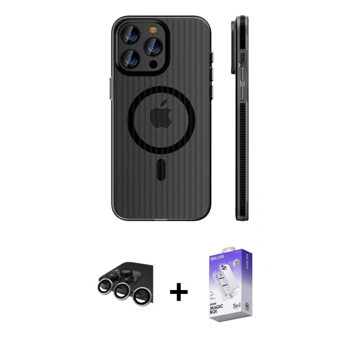 MARSİLYAN™- iPhone 14 Pro Max Kılıf Pusula Minimal Koleksiyonu - Siyah Bilvis 5in1 3D Magic Cam Ekran Koruyucu + Raze Metal Kamera Lens - GS