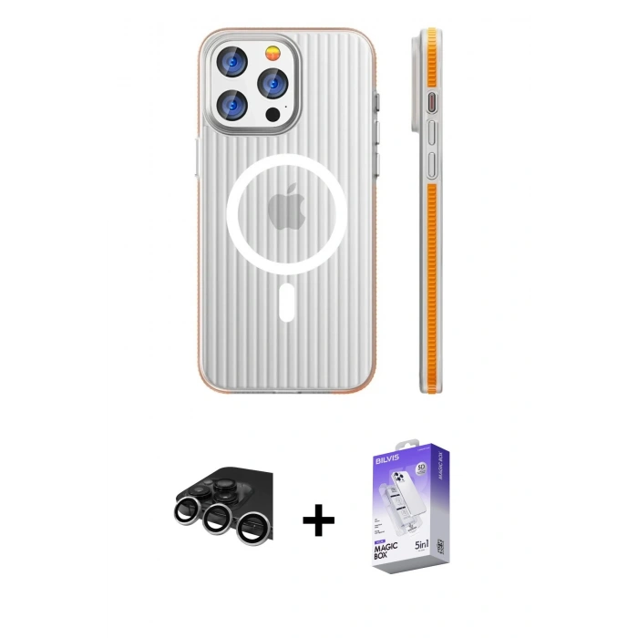 MARSİLYAN™- iPhone 14 Pro Max Kılıf Pusula Minimal Koleksiyonu - Siyah Bilvis 5in1 3D Magic Cam Ekran Koruyucu + Raze Metal Kamera Lens - GS