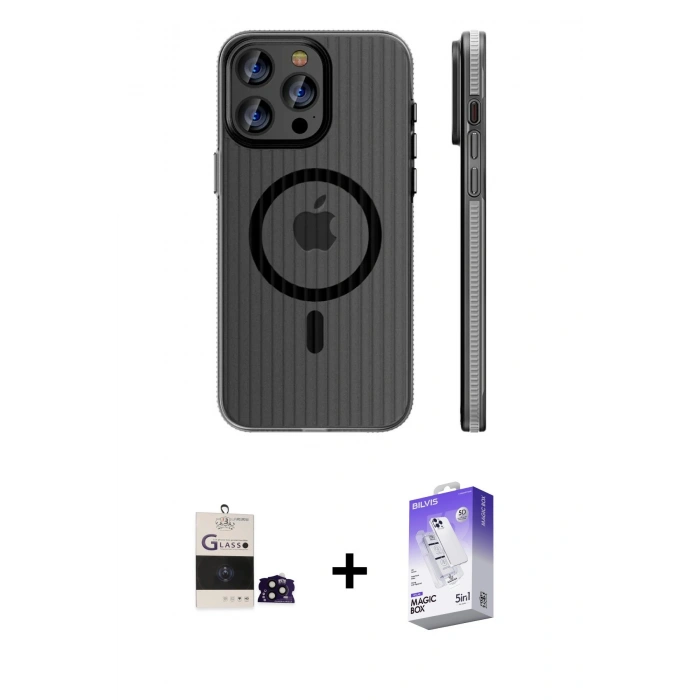 MARSİLYAN™- iPhone 14 Pro Max Kılıf Pusula Minimal Koleksiyonu - Siyah Bilvis 5in1 3D Magic Cam Ekran Koruyucu + Bilvis Titan Kamera Lens - SH