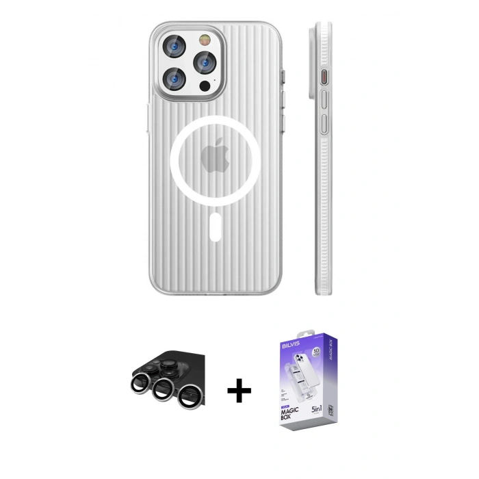 MARSİLYAN™- iPhone 14 Pro Max Kılıf Pusula Minimal Koleksiyonu - Siyah Bilvis 5in1 3D Magic Cam Ekran Koruyucu + Raze Metal Kamera Lens - GS