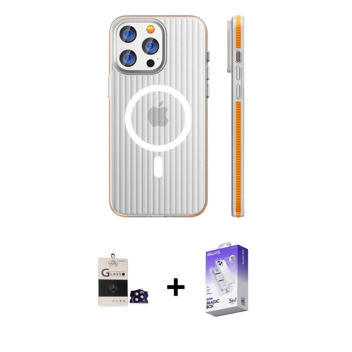 MARSİLYAN™- iPhone 14 Pro Max Kılıf Pusula Minimal Koleksiyonu - Siyah Bilvis 5in1 3D Magic Cam Ekran Koruyucu + Bilvis Titan Kamera Lens - SH