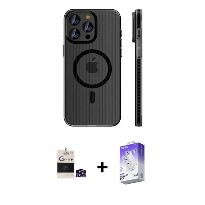 MARSİLYAN™- iPhone 14 Pro Max Kılıf Pusula Minimal Koleksiyonu - Siyah Bilvis 5in1 3D Magic Cam Ekran Koruyucu + Bilvis Titan Kamera Lens - DNMR