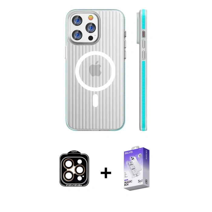 MARSİLYAN™- iPhone 14 Pro Max Kılıf Pusula Minimal Koleksiyonu - Siyah Bilvis 5in1 3D Magic Cam Ekran Koruyucu + PVD Metal Kamera Lens - TU