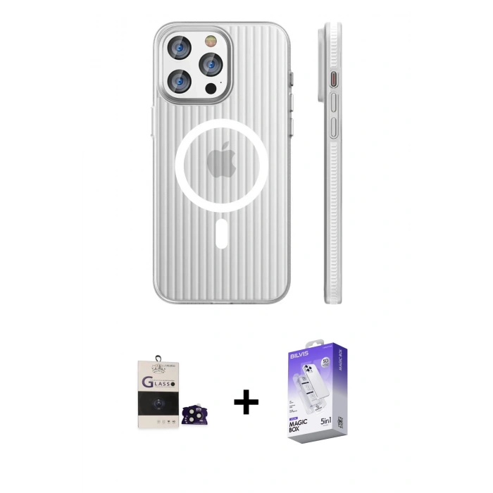 MARSİLYAN™- iPhone 14 Pro Max Kılıf Pusula Minimal Koleksiyonu - Siyah Bilvis 5in1 3D Magic Cam Ekran Koruyucu + Bilvis Titan Kamera Lens - SH