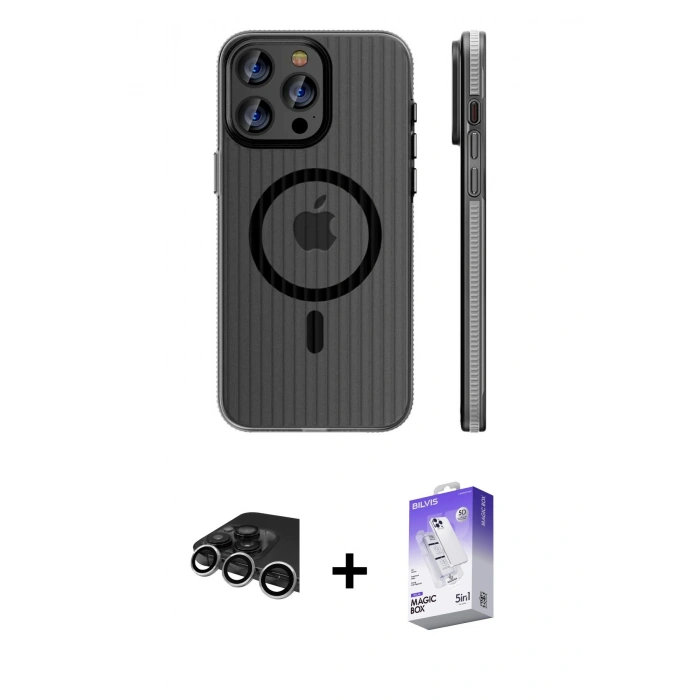 MARSİLYAN™- iPhone 14 Pro Max Kılıf Pusula Minimal Koleksiyonu - Siyah Bilvis 5in1 3D Magic Cam Ekran Koruyucu + Raze Metal Kamera Lens - GS
