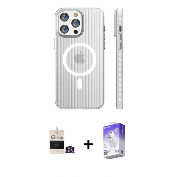 MARSİLYAN™- iPhone 14 Pro Max Kılıf Pusula Minimal Koleksiyonu - Siyah Bilvis 5in1 3D Magic Cam Ekran Koruyucu + Bilvis Titan Kamera Lens - GD