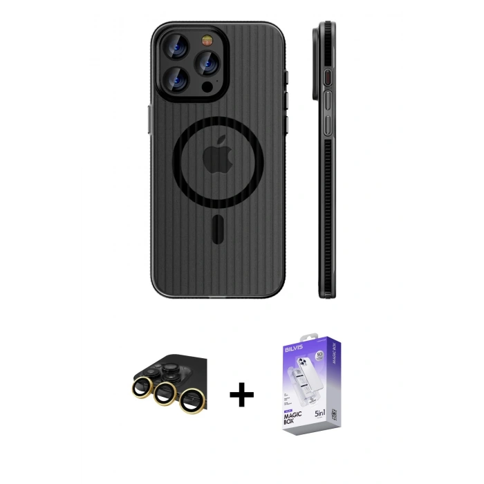 MARSİLYAN™- iPhone 14 Pro Max Kılıf Pusula Minimal Koleksiyonu - Siyah Bilvis 5in1 3D Magic Cam Ekran Koruyucu + Raze Metal Kamera Lens - GD