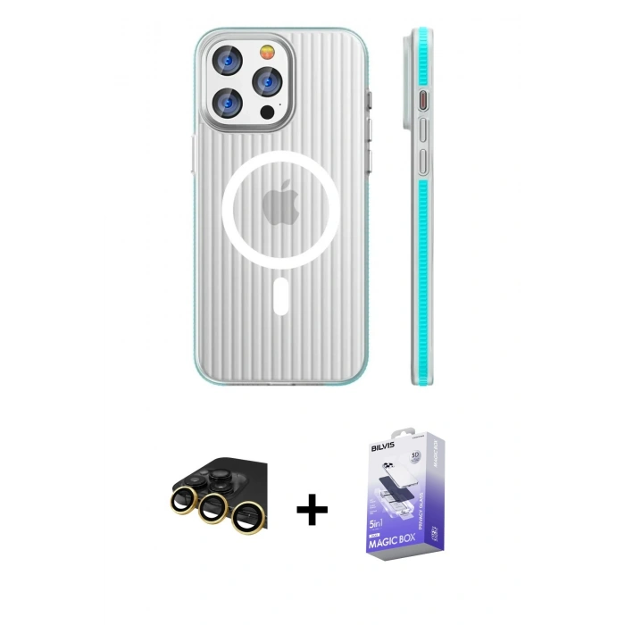 MARSİLYAN™- iPhone 14 Pro Max Kılıf Pusula Minimal Koleksiyonu - Siyah Bilvis 5in1 5D Magic Hayalet Cam Ekran Koruyucu + Raze Metal Kamera Lens - GD