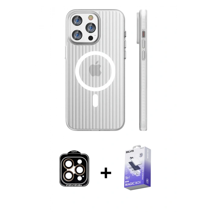 MARSİLYAN™- iPhone 14 Pro Max Kılıf Pusula Minimal Koleksiyonu - Siyah Bilvis 5in1 5D Magic Hayalet Cam Ekran Koruyucu + PVD Metal Kamera Lens - TU