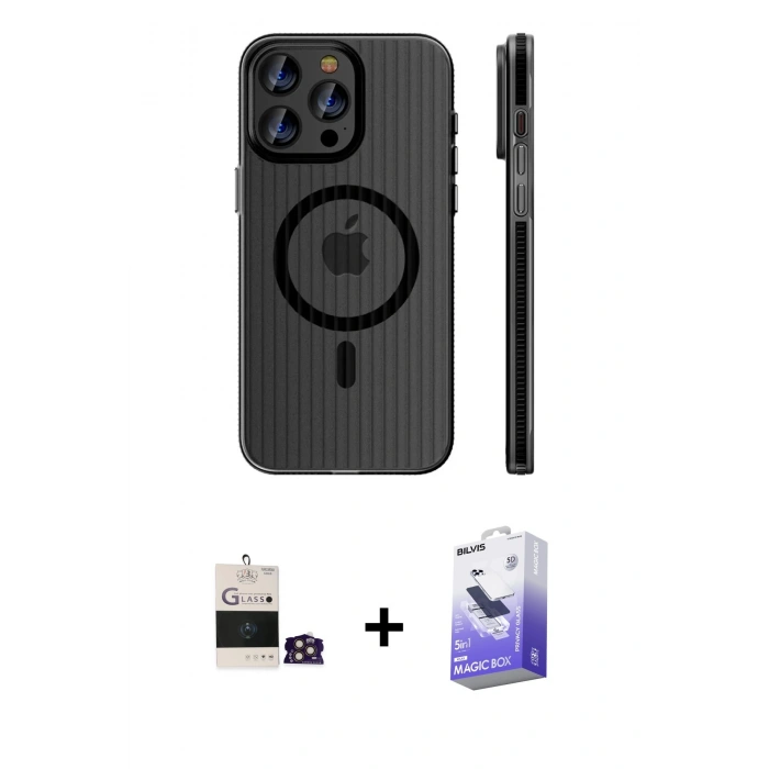 MARSİLYAN™- iPhone 14 Pro Max Kılıf Pusula Minimal Koleksiyonu - Siyah Bilvis 5in1 5D Magic Hayalet Cam Ekran Koruyucu + Bilvis Titan Kamera Lens - GD
