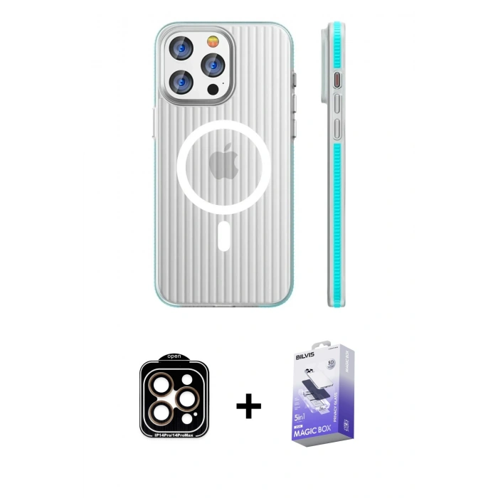 MARSİLYAN™- iPhone 14 Pro Max Kılıf Pusula Minimal Koleksiyonu - Siyah Bilvis 5in1 5D Magic Hayalet Cam Ekran Koruyucu + PVD Metal Kamera Lens - TU